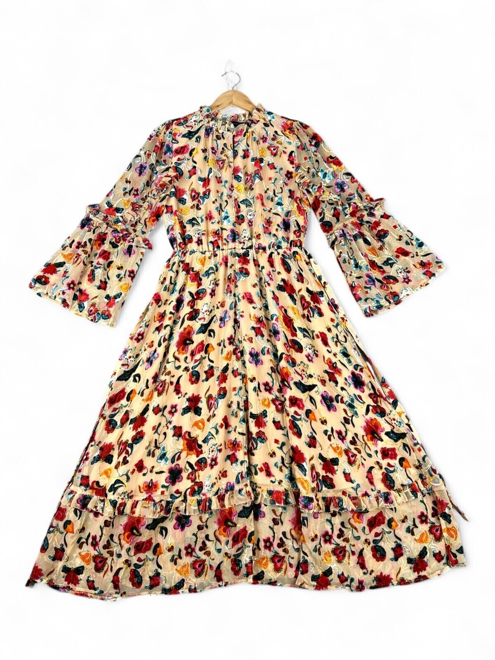 French Connection Floral Sheer Midi Dress Sz 6 Long Bell Sleeves